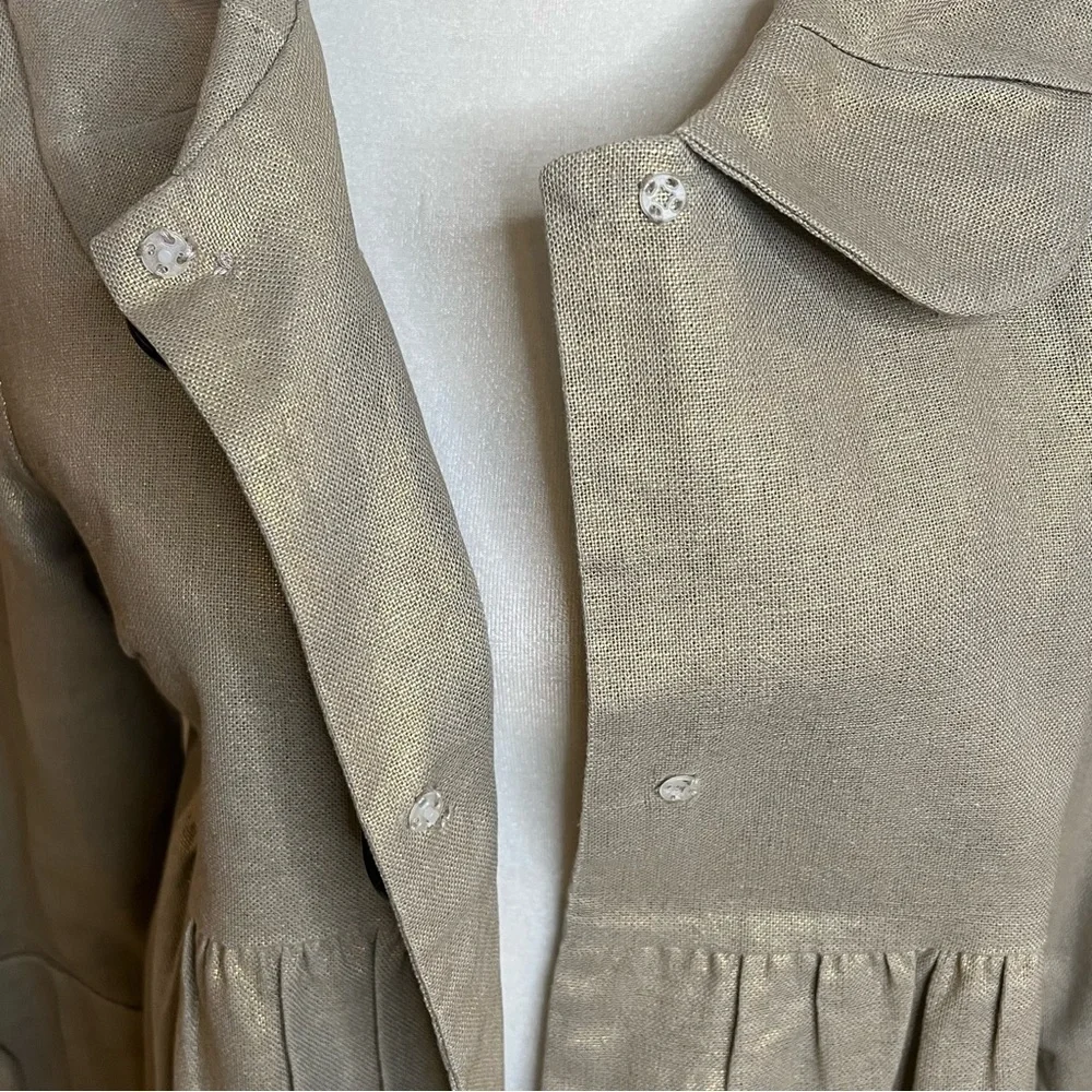 Kenzie Gold Metallic Light Weight Coat Big Buttons, Pleated Collar and Sleeves - Picture 2 of 11